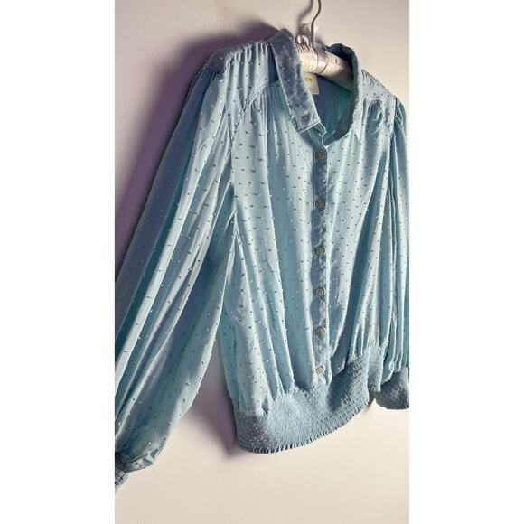Maeve Anthropologie Womens Blue Rosa Swiss Dot Smocked Hem Blouse Sz XL - Picture 5 of 10